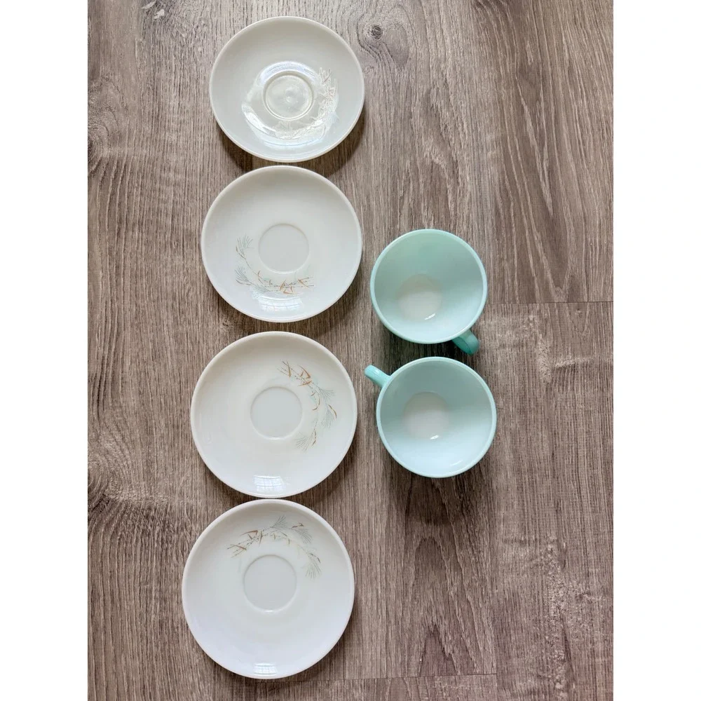 Vintage Pyrex Family‎ Flair Aqua Cups and Pine Needle Saucers Set of 6
